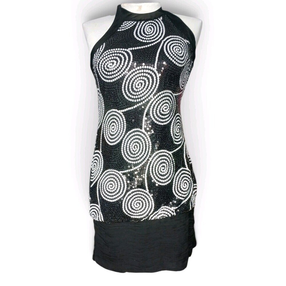 CACHE  Black Sequin Halter Mini Dress White Spiral Party Cocktail Women's Size 2